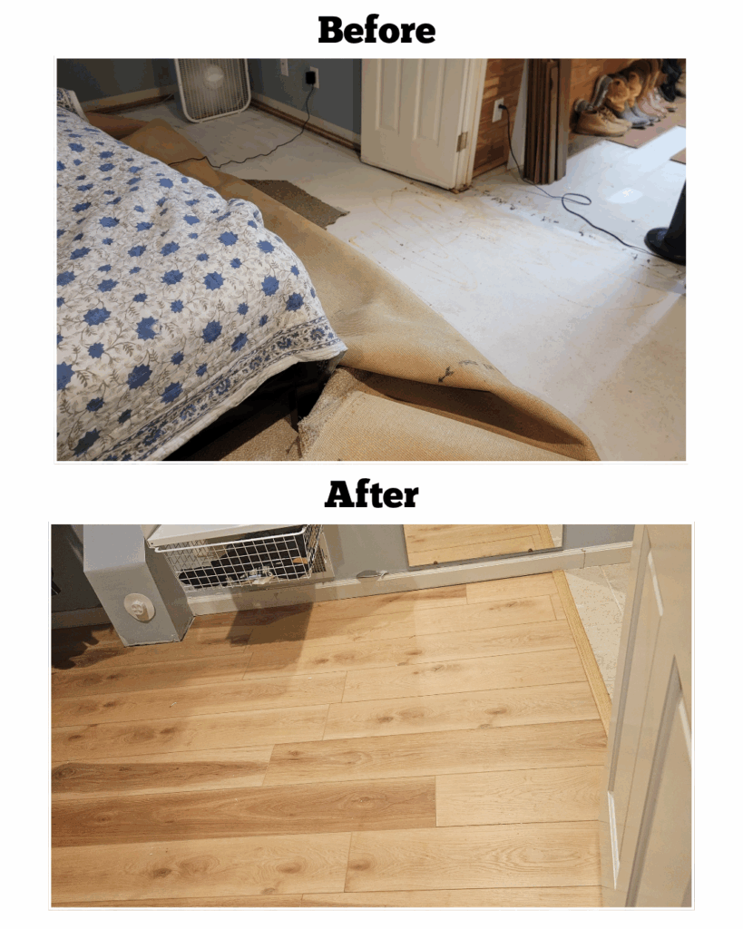 before and after image of a flooring installation job in Lowell, MI, completed by our flooring craftsmen