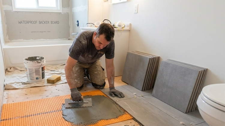 Man installing bathroom tiles