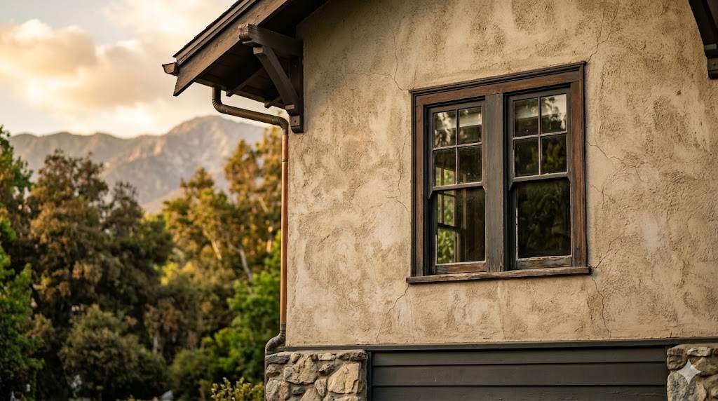 Exterior stucco wall of a 1920s Pasadena Craftsman bungalow with fine hairline cracks, San Gabriel Mountains in the background