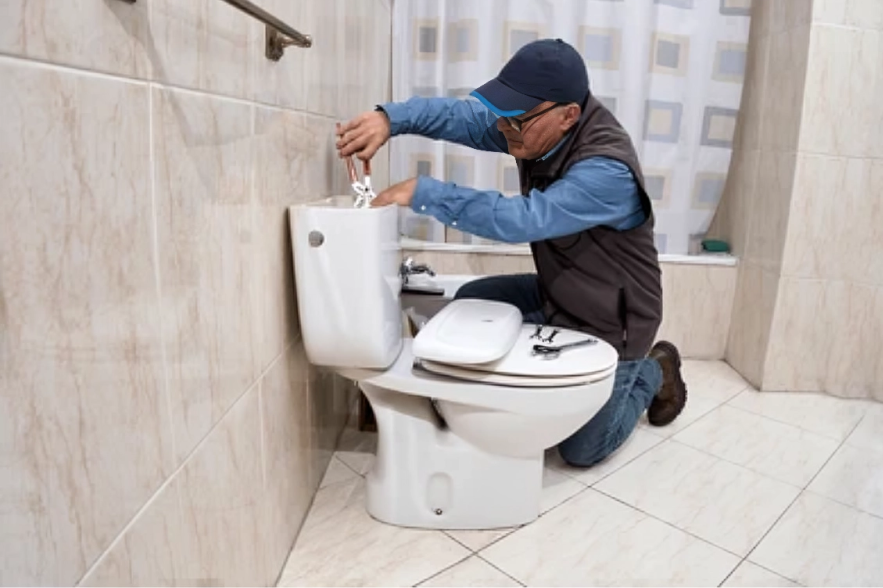 plumbing handyman installing new bathroom toilet