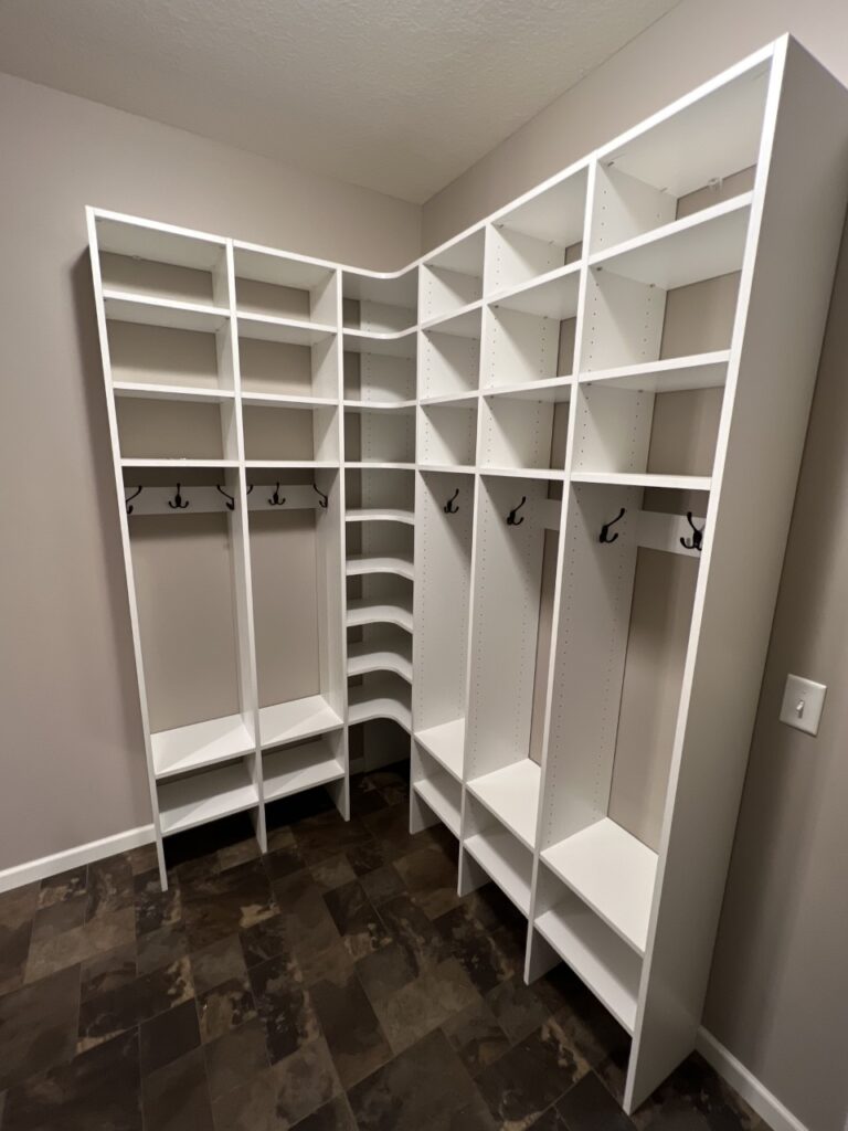 new shelving installed in a mudroom in Pembroke, MA